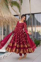 Lovely Maroon Jacquard Weaving Anarkali Suit