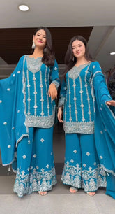 Exclusive Sky Blue Chinon Silk Sequence Work Palazzo Suit
