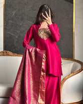 Ravishing Pink Satin Silk Embroidery Work Farshi Salwar Suit