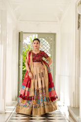 Shining Kalamkari Print Cream Color Lehenga Choli