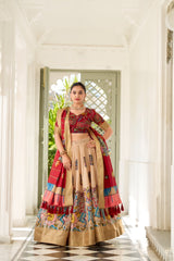 Shining Kalamkari Print Cream Color Lehenga Choli
