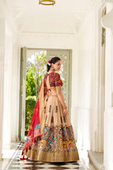 Shining Kalamkari Print Cream Color Lehenga Choli