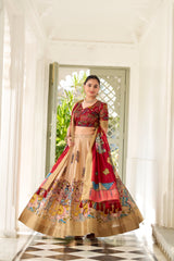 Shining Kalamkari Print Cream Color Lehenga Choli