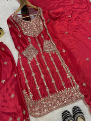 Gorgeous Red Chinon Silk Sequence Work Palazzo Suit