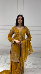 Lovely Mustard Color Georgette Sequence Work Sharara Suit