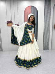White Color Ajrakh Print Lehenga Choli For Navratri Wear