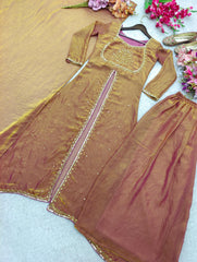 Lovely Brown Color Embroidery Work Sharara Suit