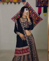 Lovely Black Rayon Printed Work Lehenga Choli