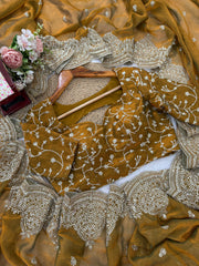 Lovely Gold Chiffon Thread Work Saree