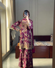 Ravishing Wine Chinon Silk Embroidery Sharara Suit