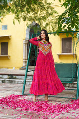 Pretty Pink Georgette Kutchi Work Gown For Navratri