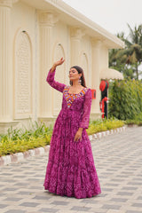 Lovely Purple Georgette Gamthi Work Gown For Navratri