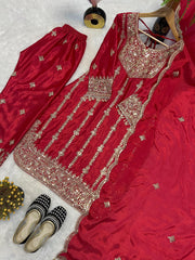 Gorgeous Red Chinon Silk Sequence Work Palazzo Suit