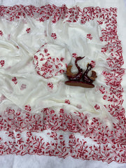 Trendy White Color Thread Work Silk Saree