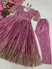 Stylish Onion Color Embroidery Work Anarkali Suit