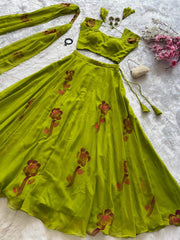 Alluring Green Color Georgette Hand Painted Lehenga