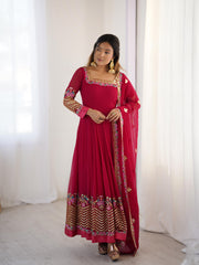 Trendy Red Georgette Embroidery Work Gown