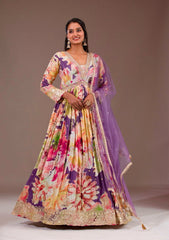 Alluring Multicolor Chinon Silk Embroidery Work Gown