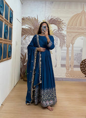 Navy Blue Color Rayon Embroidery Work Gown