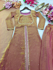 Lovely Brown Color Embroidery Work Sharara Suit