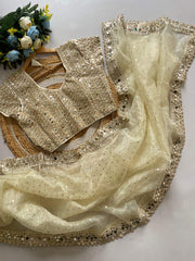 Exclusive Cream Organza Mirror Work Saree