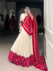 Navratri Wear Red Cotton Bandhej Work Lehenga Choli