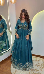 Trendy Teal Blue Dola Silk Embroidery Work Gown