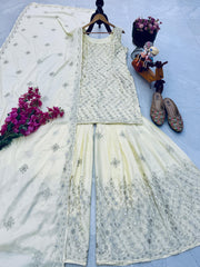 Ravishing Yellow Natural Crap Embroidery Sequence Palazzo Suit