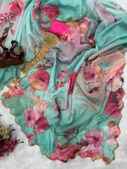 Attractive Sky Blue Tabby Silk Work Saree