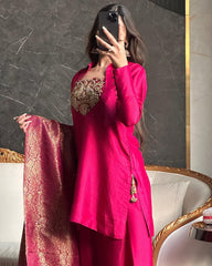 Ravishing Pink Satin Silk Embroidery Work Farshi Salwar Suit
