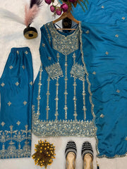Exclusive Sky Blue Chinon Silk Sequence Work Palazzo Suit