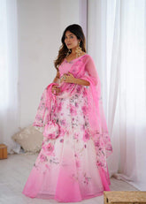 Fancy Pink Color Organza Digital Printed Lehenga Choli