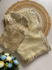 Exclusive Cream Organza Mirror Work Saree