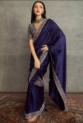 Amazing Purple Embroidery Work Silk Saree