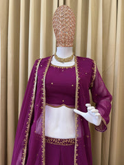 Glorious Purple Georgette Embroidery Koti With Lehenga Set