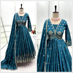 Trendy Teal Blue Dola Silk Embroidery Work Gown