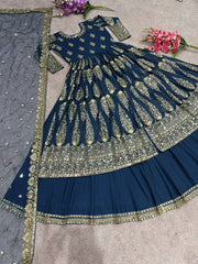 Heavy Embroidery Sequence Work Teal Blue Color Lehenga Choli