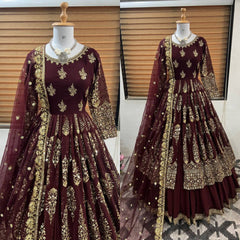 Heavy Embroidery Sequence Work Coffee Color Lehenga Choli