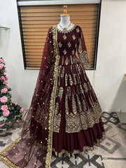 Heavy Embroidery Sequence Work Coffee Color Lehenga Choli