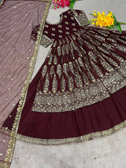 Heavy Embroidery Sequence Work Coffee Color Lehenga Choli