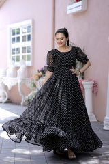 Polka Dot Print Black Color Ruffle Gown