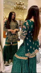 Opulent Green Color Georgette Embroidery Sequence With Latkan Dori Suit Plazo