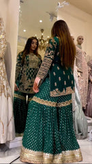 Opulent Green Color Georgette Embroidery Sequence With Latkan Dori Suit Plazo