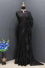 Party Wear Shimmer Silk Black Color Saree