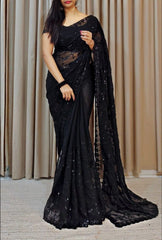 Party Wear Shimmer Silk Black Color Saree