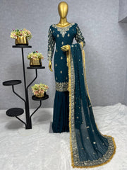 Embroidery Sequence Work Teal Blue Sharara Suit