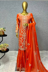 Thread Sequence Work Orange Color Sharara Suit