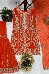 Thread Sequence Work Orange Color Sharara Suit