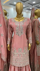 Blissful Heavy Embroidery Sequence Work And Full Sleeve Peach Color Plazo Suit