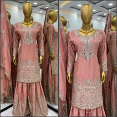 Blissful Heavy Embroidery Sequence Work And Full Sleeve Peach Color Plazo Suit